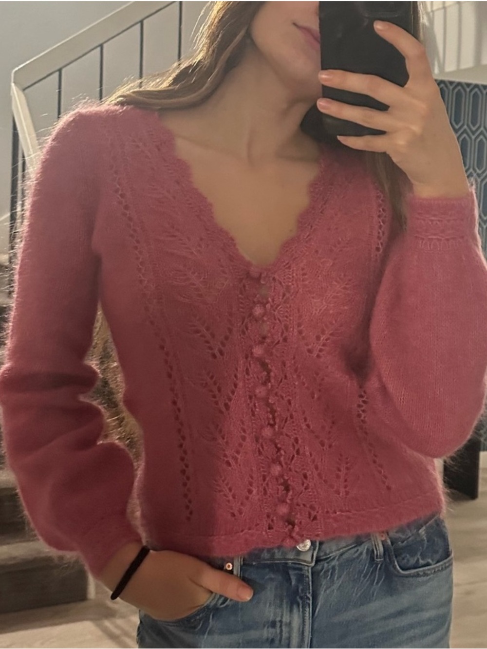Pink V-Neck Lace Knit Sweater